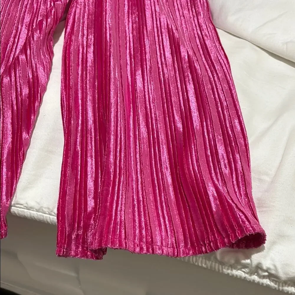 btween 7 Vibrant Pink pants wide leg romper w/ Headband velvet burn out stripe